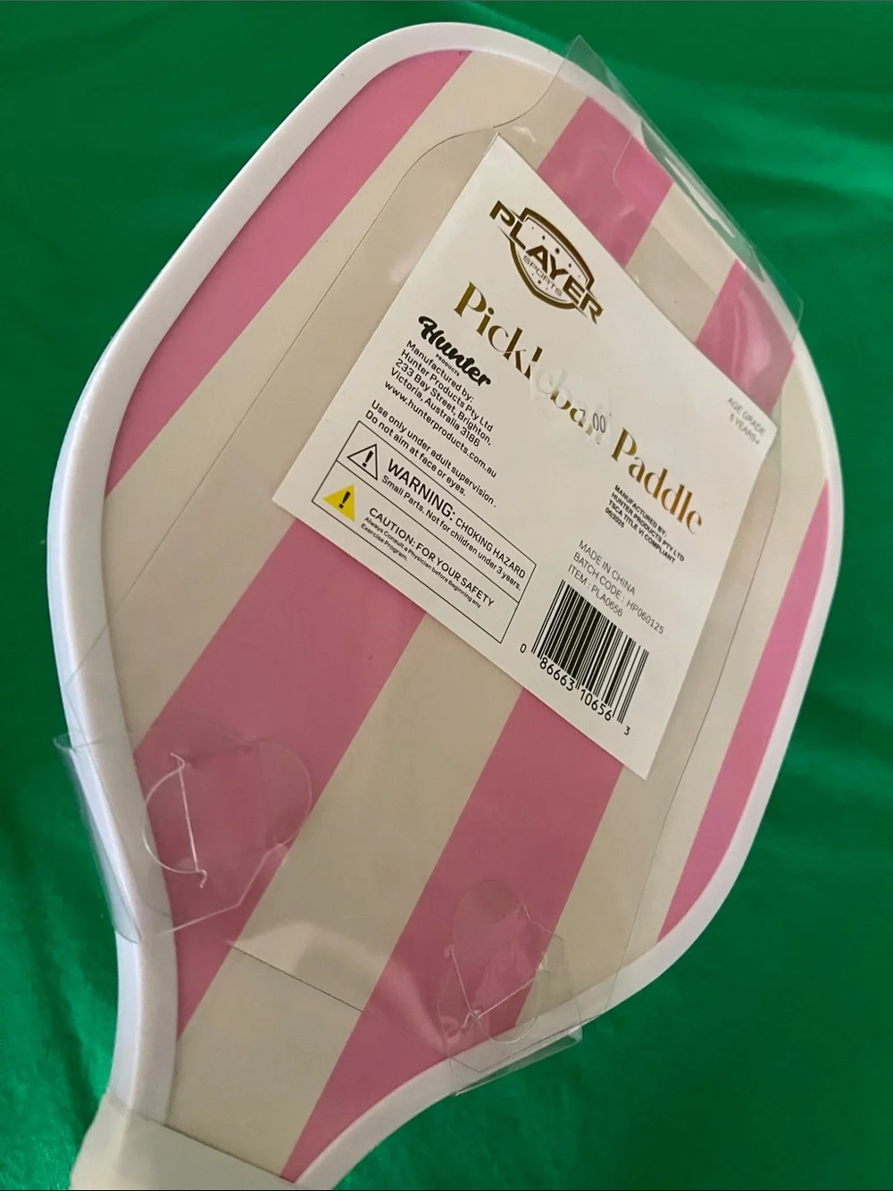 Hunter Pink and Cream Striped Party Paddle with White Wrapped Handle
